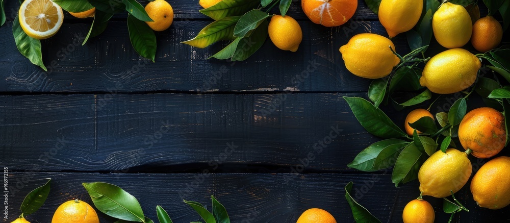 Poster Fruits like lemons and tangerines arranged on a black wooden table as a backdrop for a copy space image