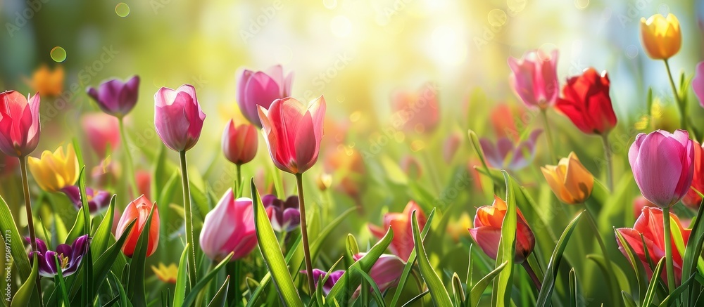 Aufkleber a vibrant meadow in spring with colorful tulips provides a natural floral setting perfect for an eas