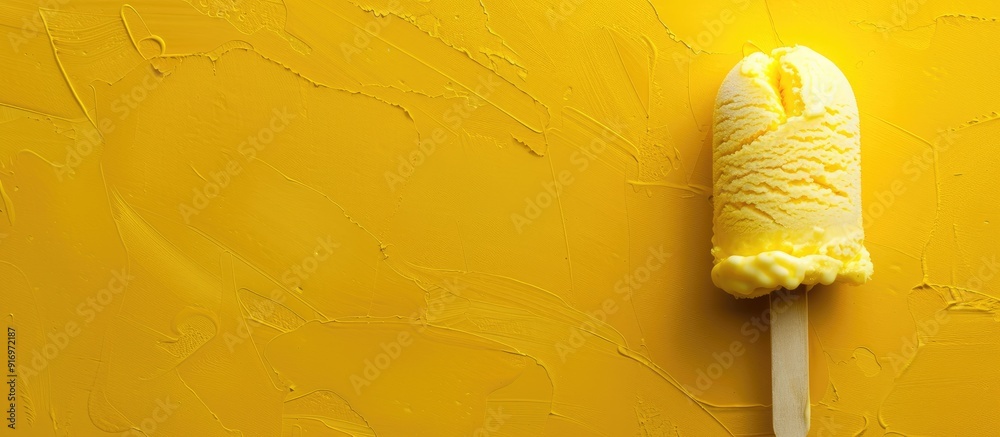 Poster ice cream stick on gray and yellow background with copy space image