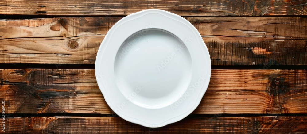Fototapete Top view of an empty plate set on a wooden surface ideal for showcasing or combining with healthy items in a copy space image