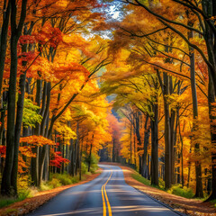 Fototapeta premium road surrounded by tall trees captured during autum