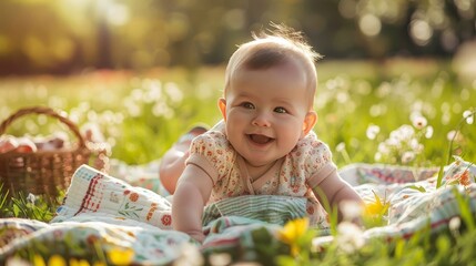 Design an image of a baby having a fun, playful interaction during a family picnic. Show the baby enjoying the outdoors and the happy, relaxed atmosphere of the picnic setting.