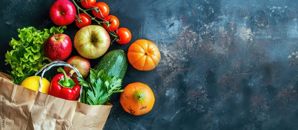 Poster paper shopping bag with fruits and vegetables arranged on a flat surface with copy space image