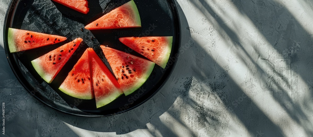 Aufkleber top view of watermelon slices on a black plate against a concrete surface with shadows cast by the s