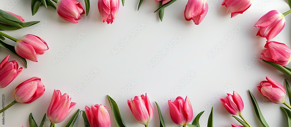 Poster Top view of a frame made of pink tulip flowers against a white backdrop with copy space image