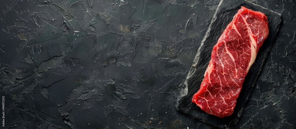 Poster View from above of a raw striploin steak on black stone backdrop with space for text or image. Creative banner. Copyspace image
