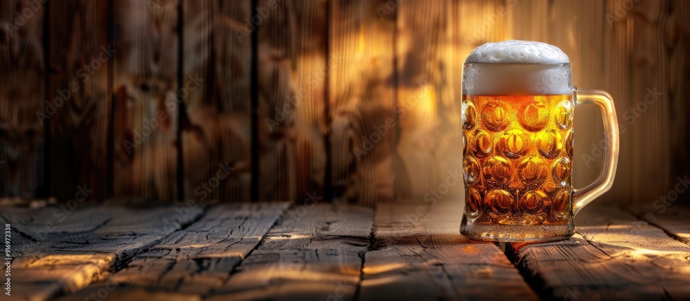 Poster Oktoberfest themed pint of beer with a soft light setting on a rustic wooden backdrop with copy space image