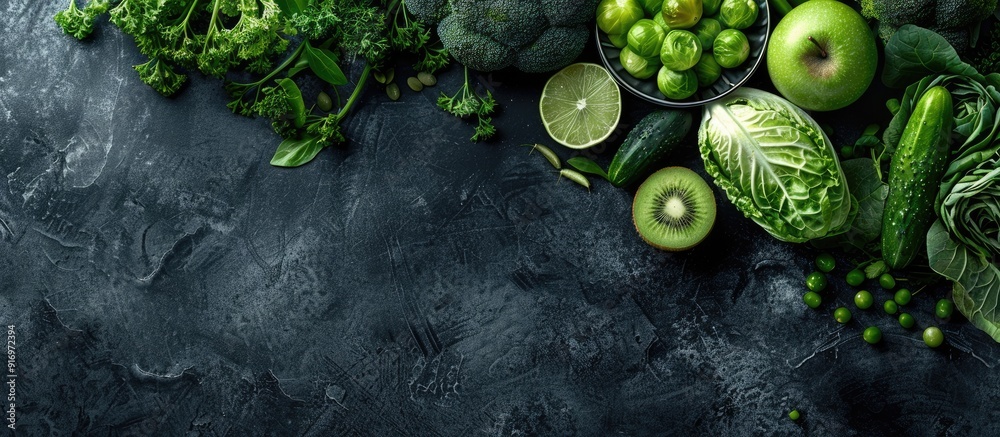 Poster Top view of nutritious green vegetables and fruits displayed on a black surface with ample copy space image
