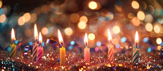 Number 99 birthday candles burning on a shimmering tinsel backdrop with a banner above providing ample copy space image