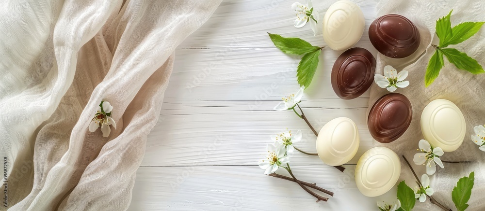 Aufkleber Easter themed chocolate eggs on a white wooden surface with natural linen fabric and green spring leaves for a rustic backdrop in a photo with empty space for design elements. Creative banner