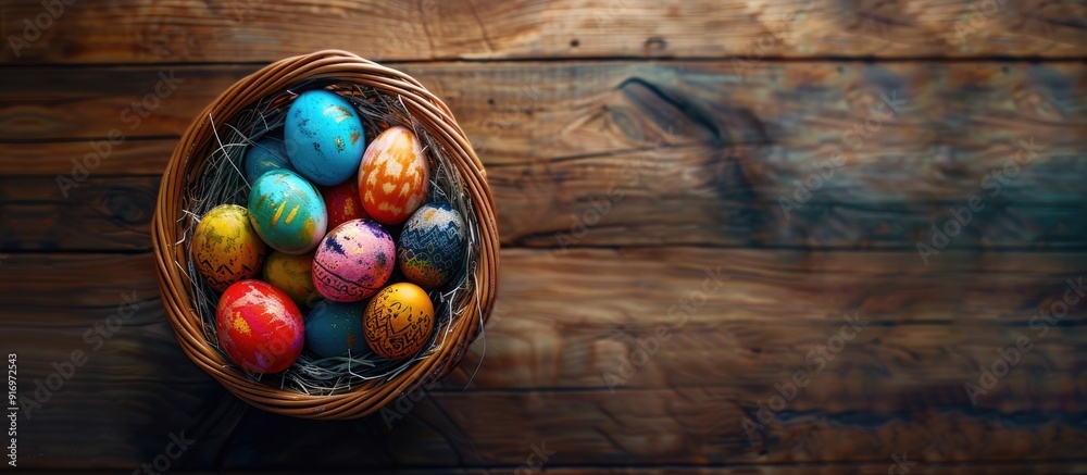 Poster flat lay with a wicker basket holding colorful easter eggs on a wooden table leaving room for text i