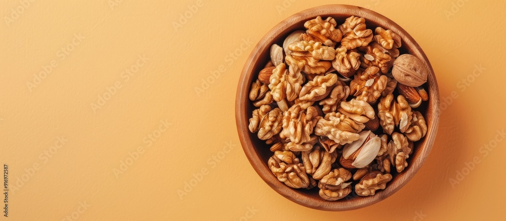 Poster walnut kernel halves arranged attractively in a wooden bowl captured from above on a colored backgro