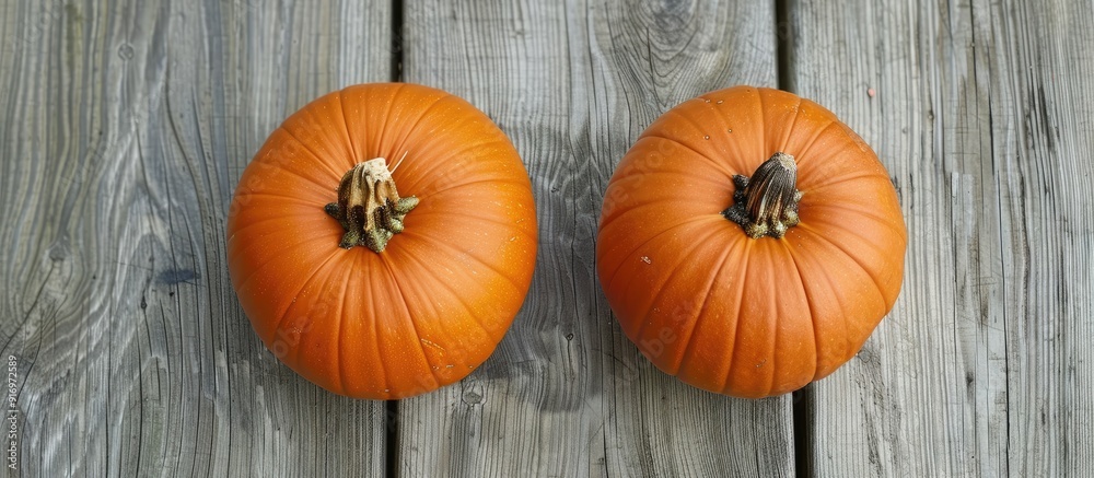 Poster top view of two pumpkins on a wooden surface with a clear focus on the stem area ideal for a copy sp