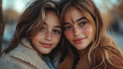 Fototapeta premium Portrait happy beautiful mother and teenage daughter : Generative AI