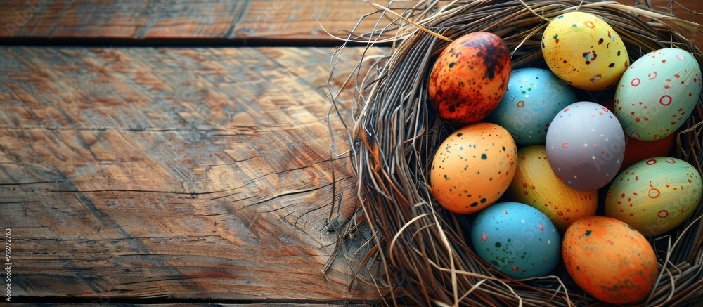 Poster Easter eggs in a basket displayed on a wooden surface with a blank area for adding an image. Creative banner. Copyspace image