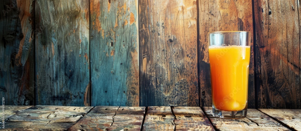 Poster Orange juice with copy space image on wooden table over rustic background