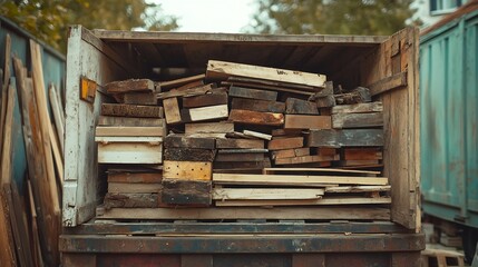 Fototapeta premium large container filled with old wooden planks and broken furniture pieces for recycling : Generative AI
