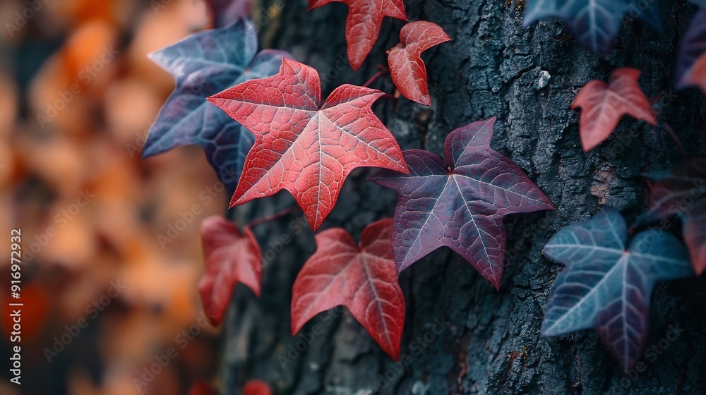 Poster Red and violet spiky leaves with veins on surface growing on tree in forest in autumn in daylight : Generative AI