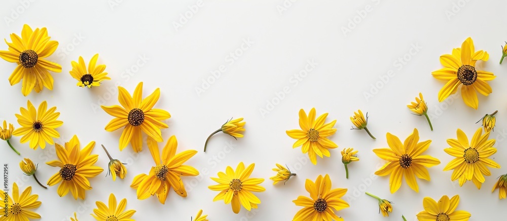 Poster Yellow flowers arranged on a white surface symbolizing summer and autumn in a flat lay style with a top view ideal for a copy space image