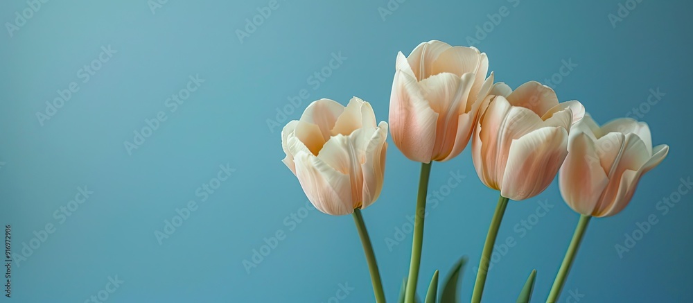 Poster a serene blue backdrop with five tulips ideal for a copy space image