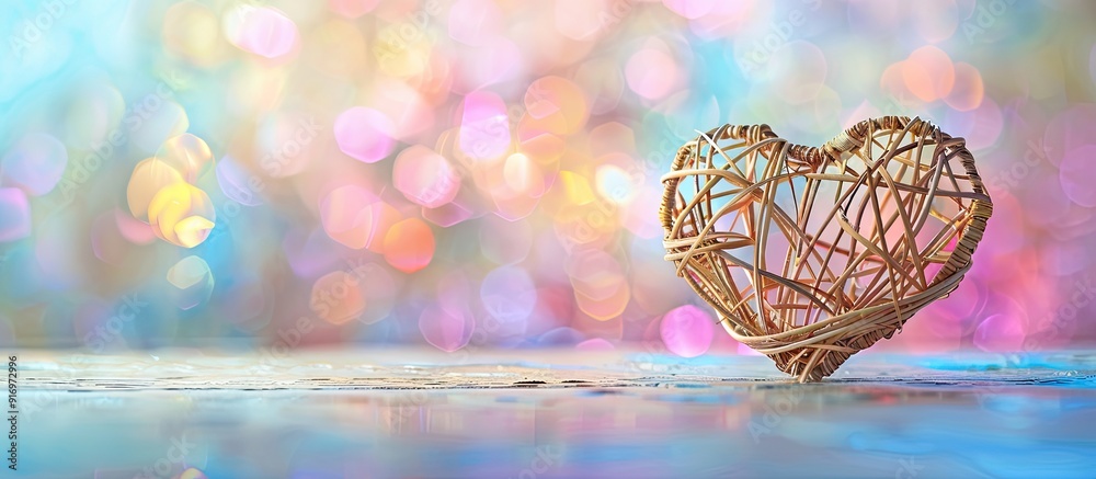 Poster Heart shaped wicker made of rattan symbolizing love set against a colorfully foiled background with selective focus for a copy space image