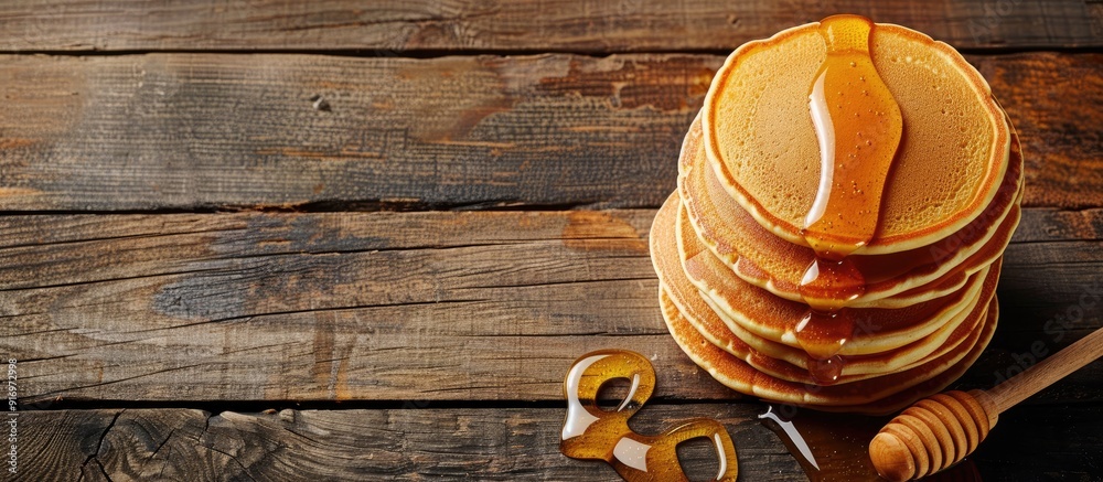 Poster wooden table with pancakes drizzled in honey featuring ample copy space image
