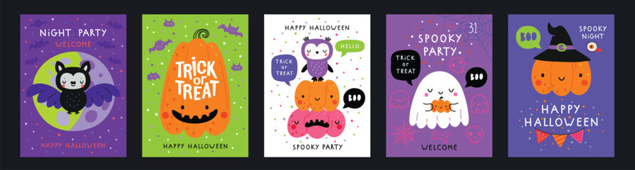 Halloween hand drawn invitation or greeting Cards set. Graphic elements - pumpkins, ghosts, zombie, candy and others. Vector illustration.