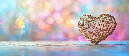 Fototapeta premium Heart shaped wicker made of rattan symbolizing love set against a colorfully foiled background with selective focus for a copy space image