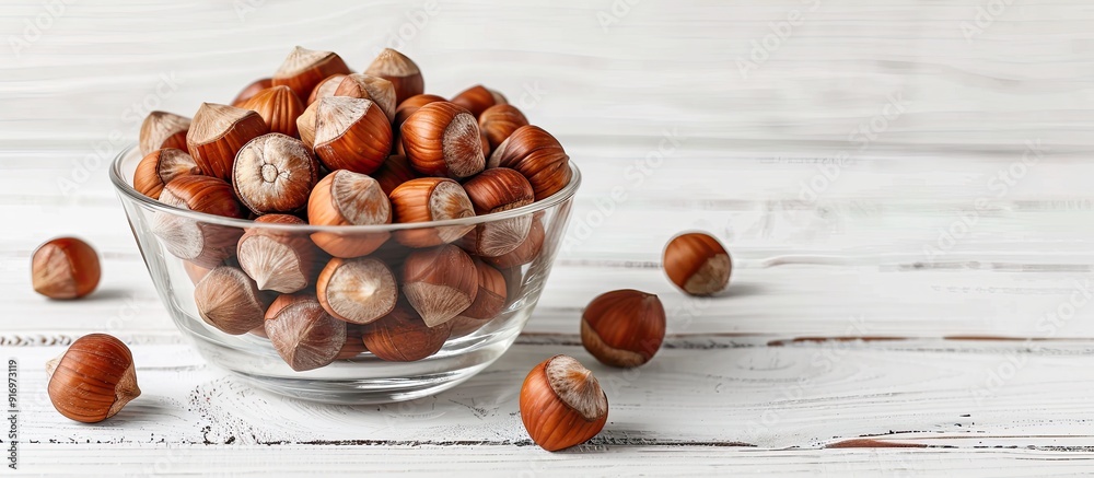 Poster hazelnuts without shells in a glass bowl on a white wooden surface exemplifying healthy eating with 