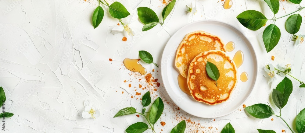 Poster russian spring festival concept featuring homemade pancakes on a white backdrop adorned with green l