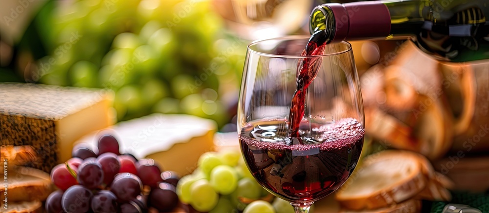 Aufkleber Selective focus on red wine being poured into a glass at a tasting event with cheese bread grapes and ample copy space image
