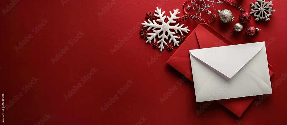 Poster Snowflake ornaments and envelope seen from above on a red backdrop with copy space image