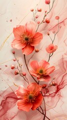 A luxurious wedding invitation background featuring an elegant floral frame with watercolor flowers and leaves, gold lines, and a marble abstract design