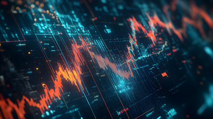 Fototapeta premium Financial graph depicting stock market trends with downward-sloping lines against a futuristic technology backdrop, illustrating financial instability and market downturn