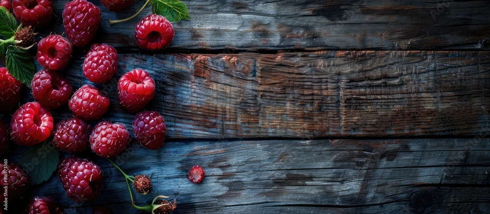 Poster top view of ripe raspberries on a wooden background ideal for banners with copy space image flat lay