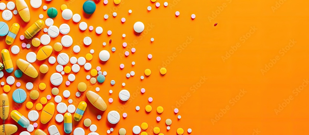 Poster variety of pharmaceutical pills and tablets on an orange backdrop with ample space for text creating