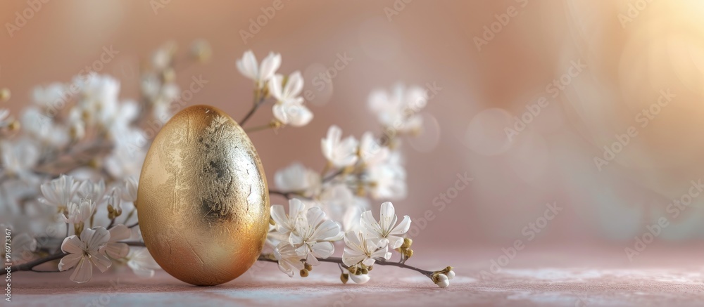 Poster Selective focus on a pastel background with a golden Easter egg including ample space for text in the image