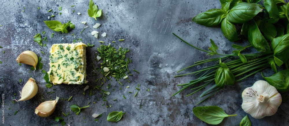 Poster a herb infused butter featuring chives basil oregano parsley and garlic on a gray backdrop in a top 