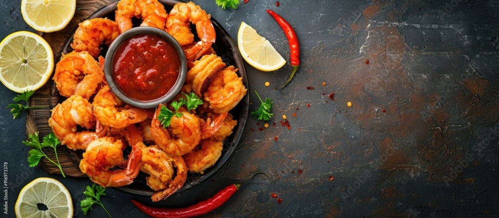 Poster a mouthwatering rustic top view with a copy space image featuring a delectable spicy fried shrimp ap