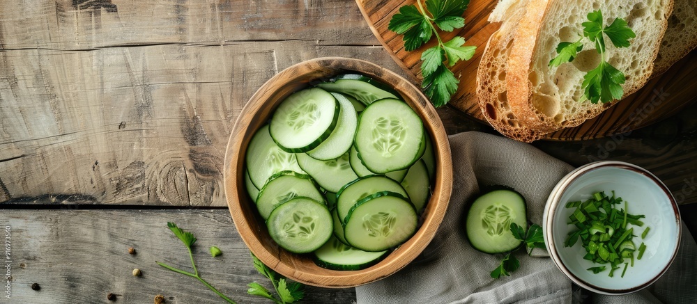 Aufkleber Table set with a tasty cucumber salad and crisped bread on wooden surface with room for adding text to the copy space image