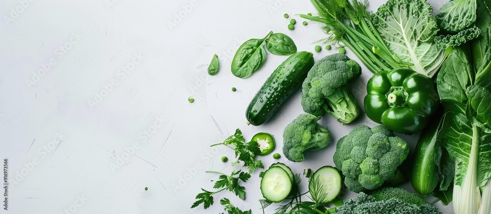 Aufkleber high angle view of green vegetables on a white backdrop with copy space image