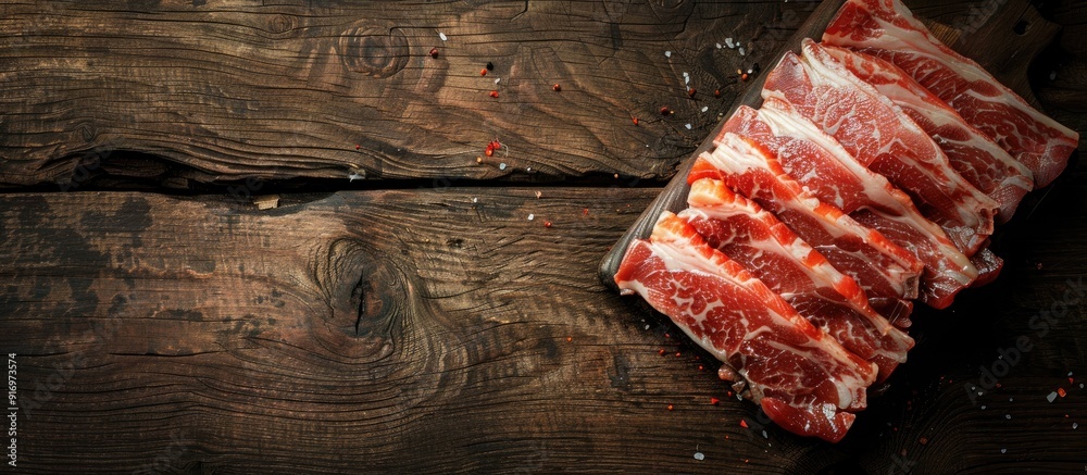 Poster Uncooked pork belly slices on a wooden table for Chinese New Year dishes with space for text or images. Creative banner. Copyspace image