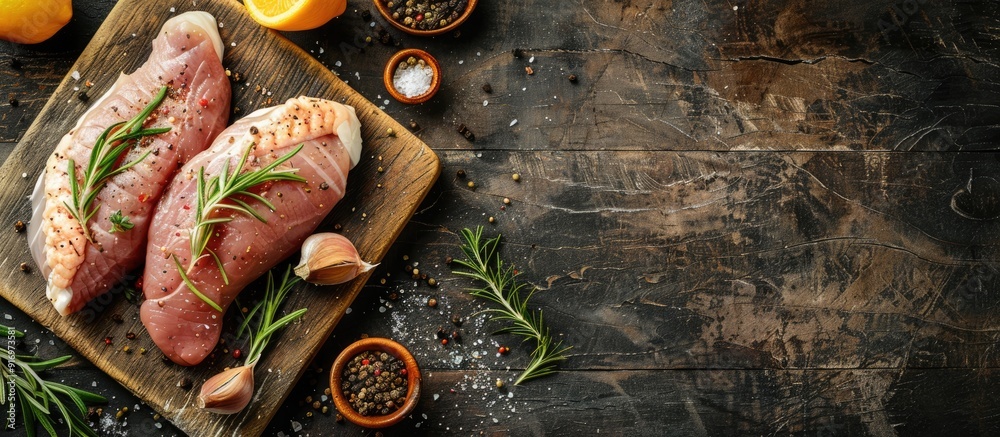 Aufkleber fresh poultry meat raw duck breast ready to be cooked a healthy meal or snack option on a rustic tab