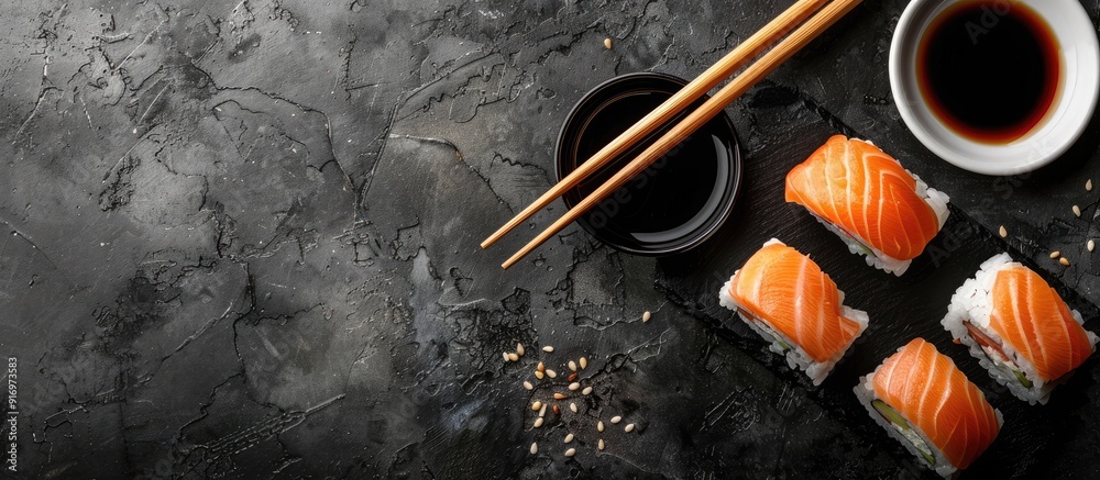 Poster top down shot on black backdrop showing sushi chopsticks soy sauce and copy space image