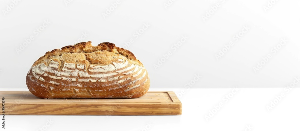 Poster A loaf of bread displayed on a cutting board with a plain white background suitable for a copy space image