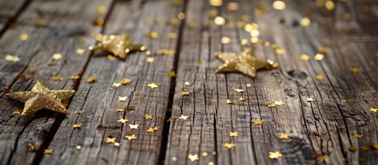 Obraz premium Holiday background featuring golden glitter stars on a textured wooden backdrop with copy space image