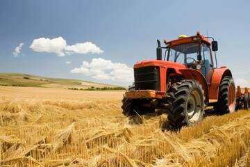 Obraz premium Vibrant red tractor plowing golden wheat fields under a clear blue sky