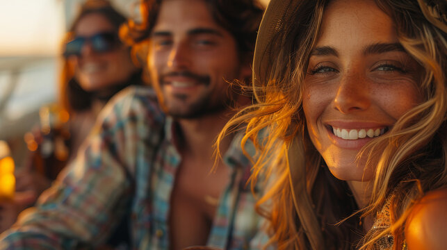 Happy group of friends enjoying a sunny day at a beach house - Powered by Adobe