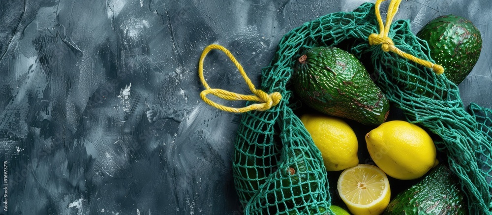 Poster high quality photo of a green string shopping bag with fresh avocados and lemons on a grey backgroun