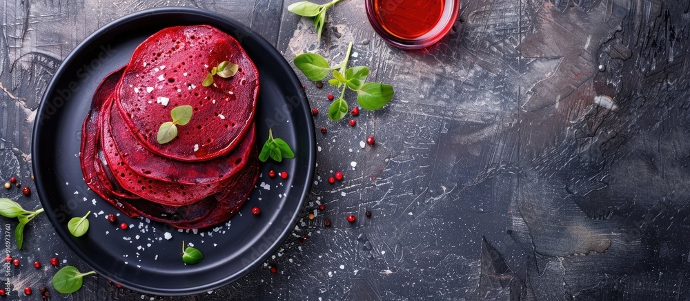 Poster Nutritious beetroot pancakes with copy space image